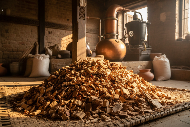 chopped up sandalwood ready for distillation in a distillery in India 